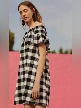 Corey Lynn Calter Gingham Off Shoulder Dress Black White Size Medium NWOT